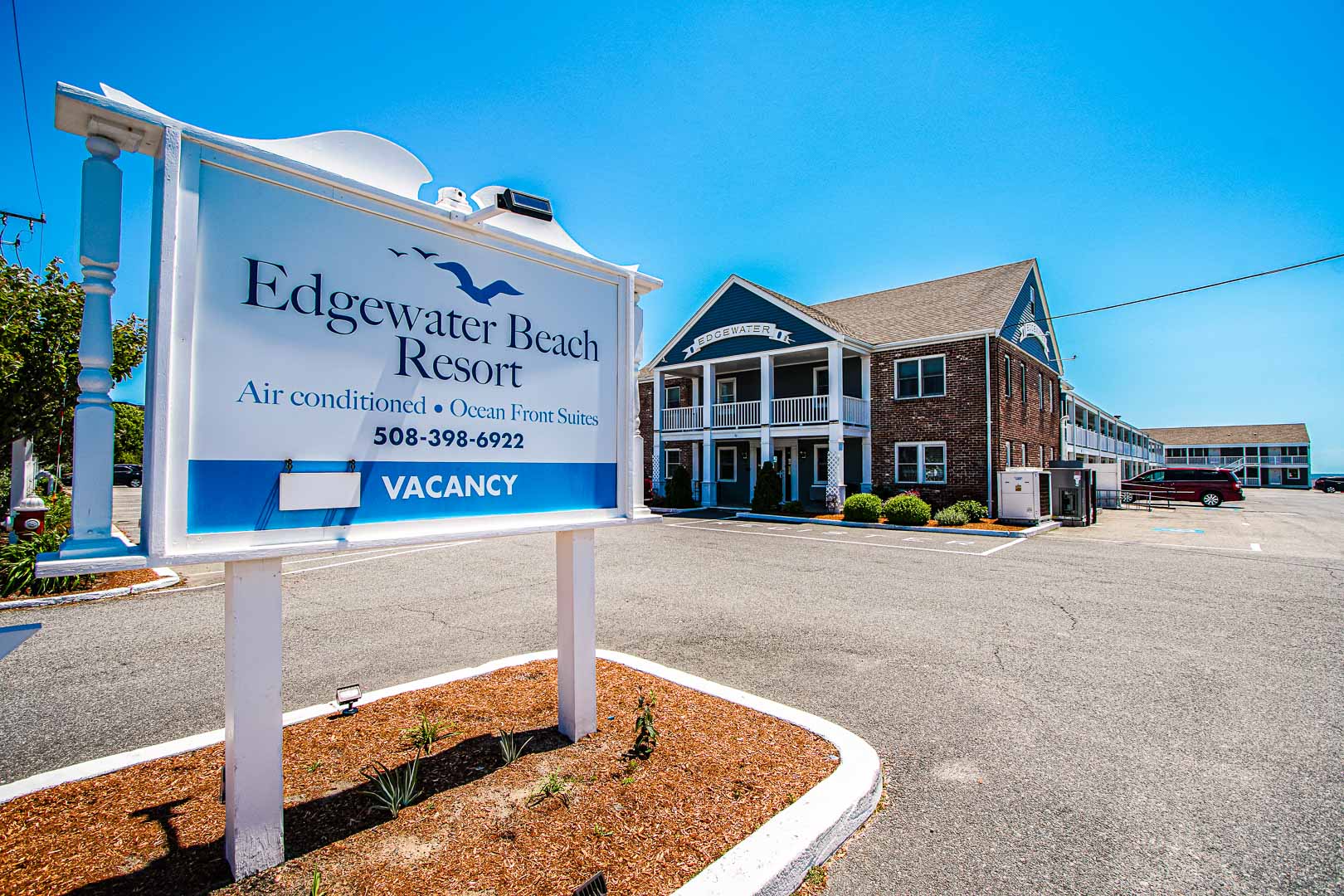 A stoic resort entrance at VRI's Edgewater Beach Resort in Massachusetts.